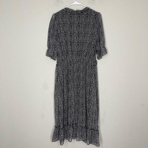 Leopard Print Midi Dress Womens L Lined V Neck Ruffles Short Sleeve - Picture 6 of 14